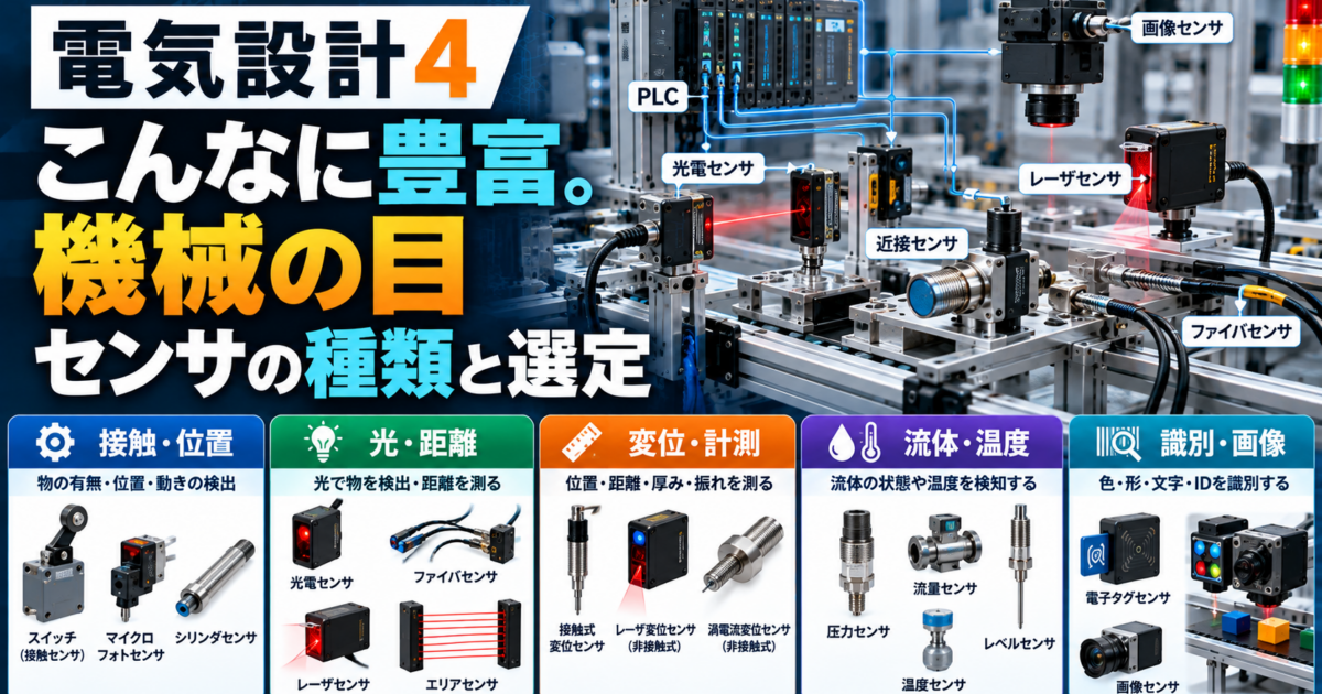 FA装置のPLC、光電、ファイバ、レーザ、近接、変位、圧力、流量、温度、RFID、画像センサなどを用途別に示すアイキャッチ画像