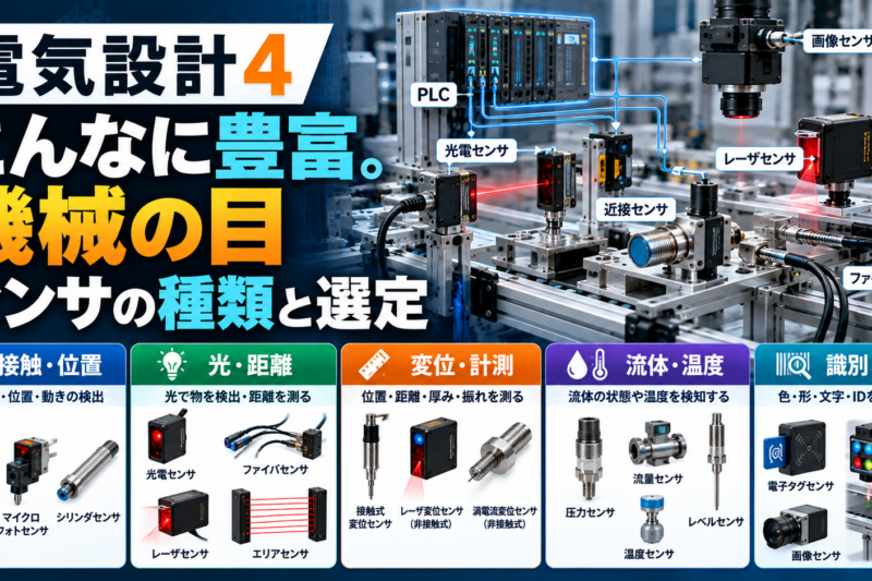 FA装置のPLC、光電、ファイバ、レーザ、近接、変位、圧力、流量、温度、RFID、画像センサなどを用途別に示すアイキャッチ画像