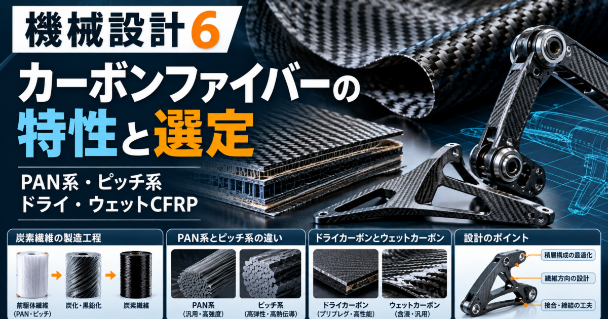PAN系・ピッチ系炭素繊維とドライ・ウェットCFRP、繊維方向の設計を示すアイキャッチ