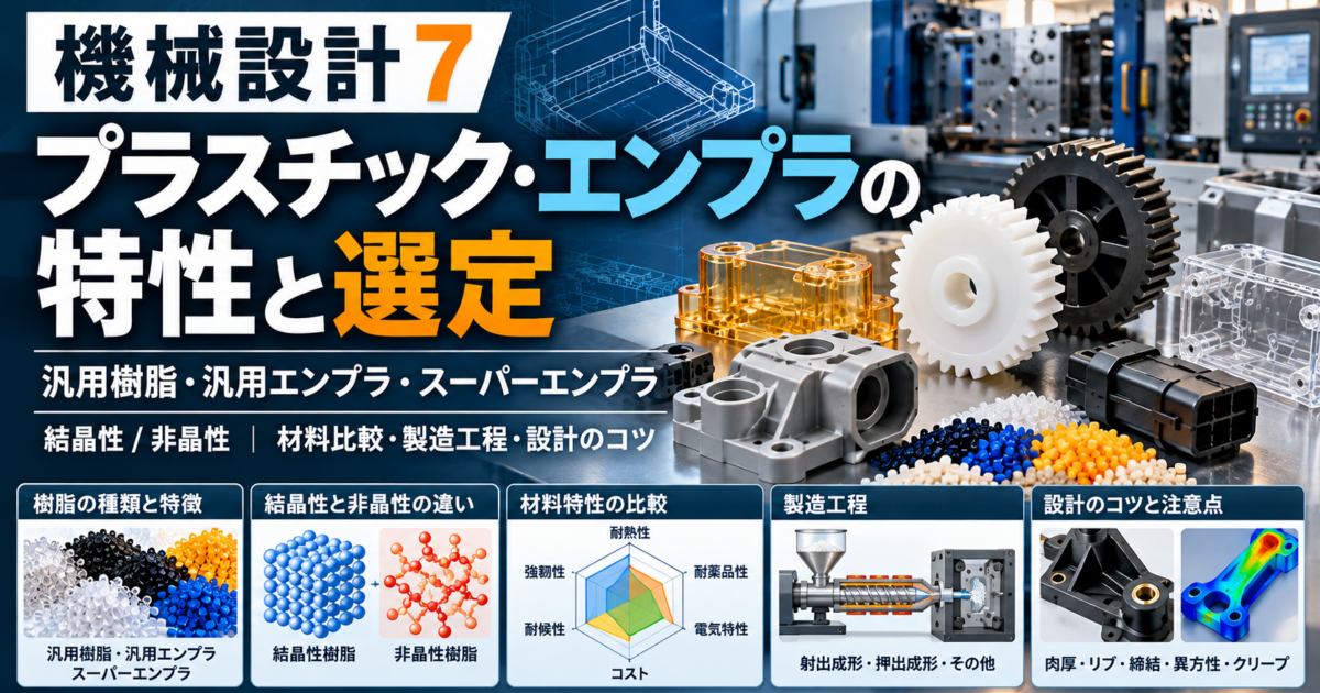プラスチック・エンプラの特性と選定。汎用樹脂、エンジニアリングプラスチック、スーパーエンプラ、結晶性・非晶性と射出成形を解説する機械設計7アイキャッチ画像