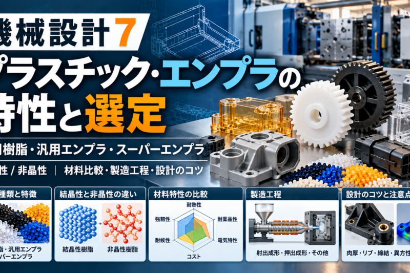 プラスチック・エンプラの特性と選定。汎用樹脂、エンジニアリングプラスチック、スーパーエンプラ、結晶性・非晶性と射出成形を解説する機械設計7アイキャッチ画像